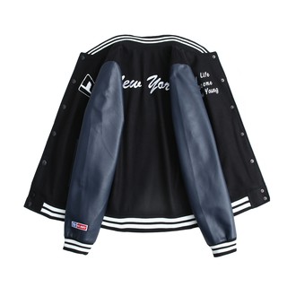 ÁO BOMBER MLBNY DẠ PHỐI TAY DA MÀU ĐEN