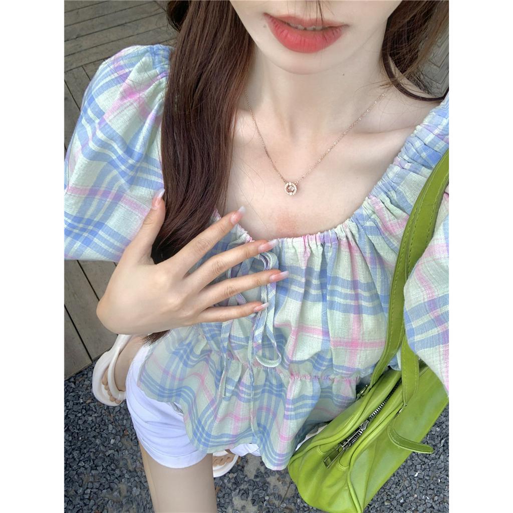 Áo Kiểu Cổ Vuông Tay Phồng Họa Tiết Sọc Caro Phong Cách Hàn Quốc Thời Trang Cho Nữ