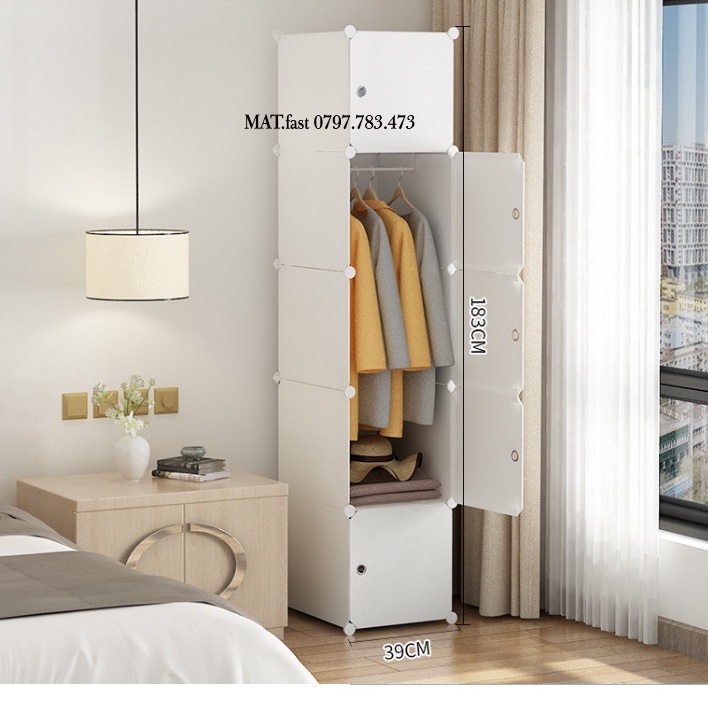 TỦ ĐỒ LẮP GHÉP THÔNG MINH 5 Ô CỬA TRẮNG ĐỤC ĐA NĂNG ĐỂ ÁO DÀI sâu 47cm, vách trắng.