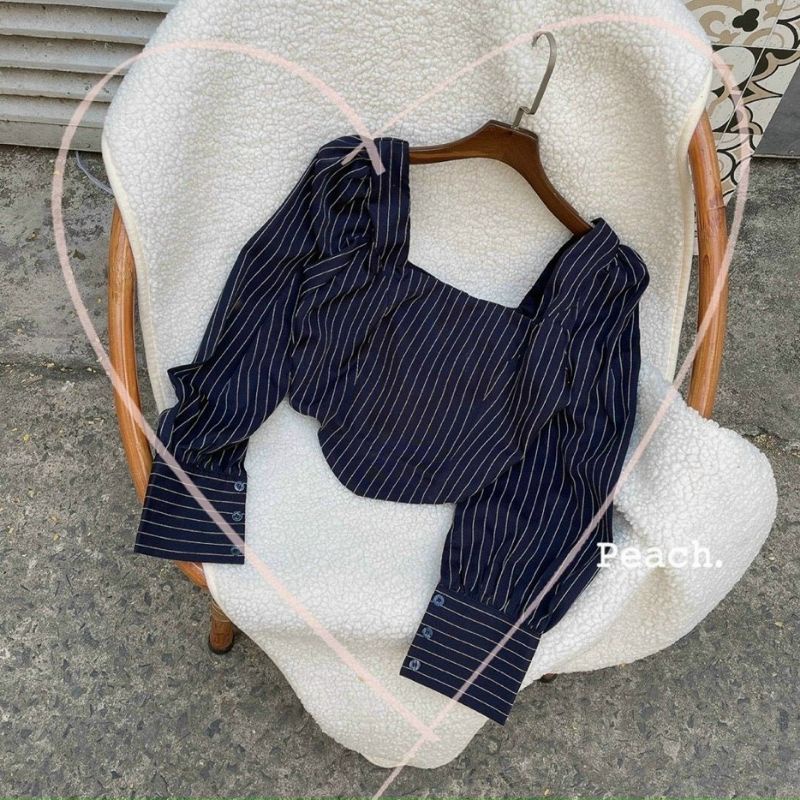 [FREE SHIP] Áo croptop cổ vuông xanh Navy tôn eo đẹp mê li