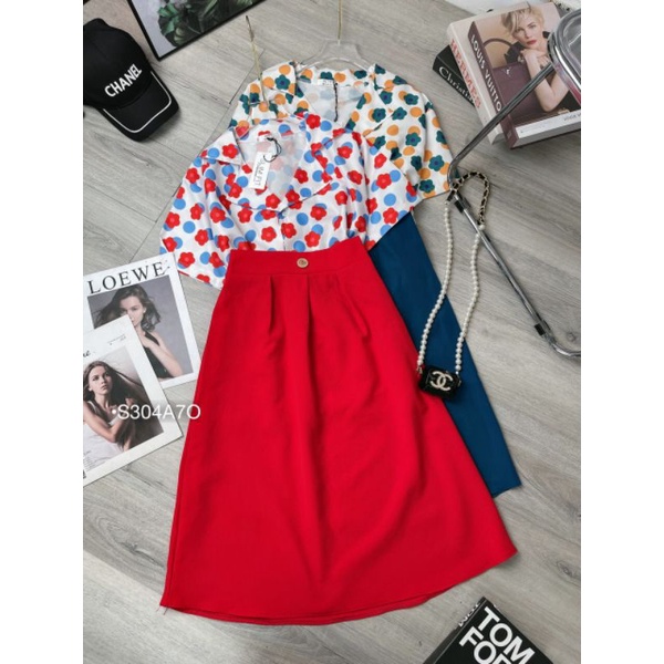 Set Bộ Váy Maxi Nữ Set Áo Hoa Cổ Vest Chân Váy Xòe Dáng Dài Có Túi Màu Đỏ/Xanh Đậm