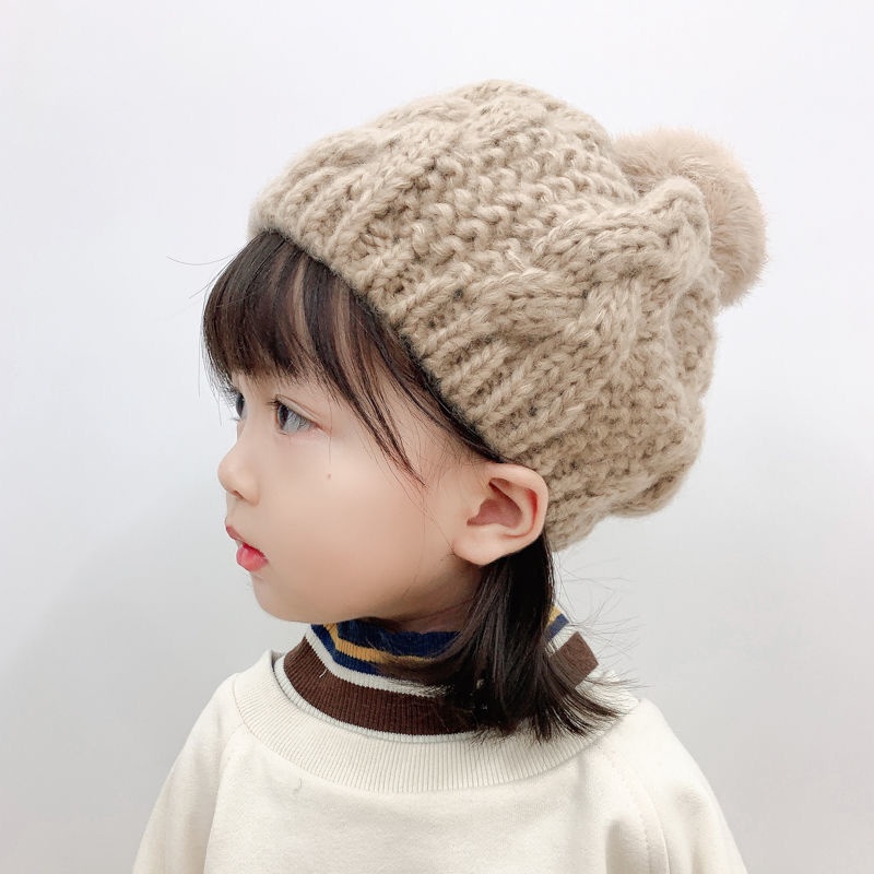 Mũ beret dệt kim đính quả bông xinh xắn cho bé gái