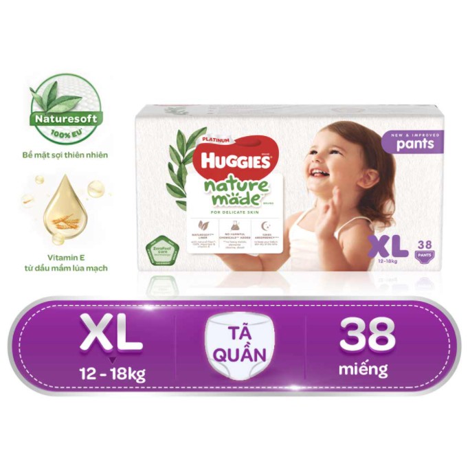 Bỉm tã quần Huggies Platinum Nature Made size XL 38 miếng (12-18kg)