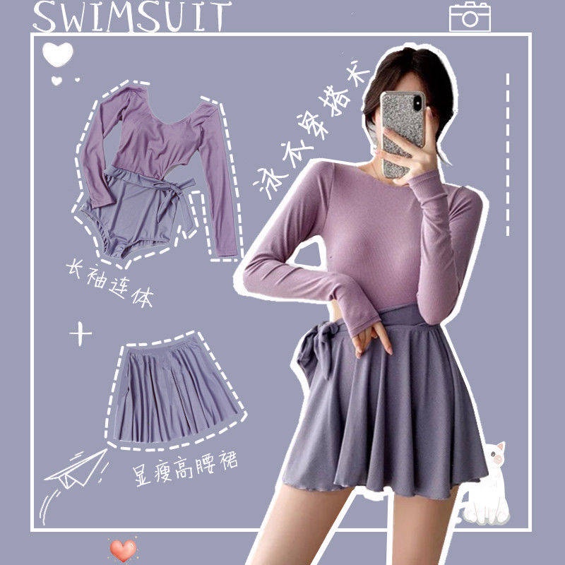 Bộ Đồ Bơi Một Mảnh Áo Tay Dài Liền Thân Màu Sắc Tương Phản Eo Cao Phong Cách Hàn Quốc Dành Cho Bạn Nữ