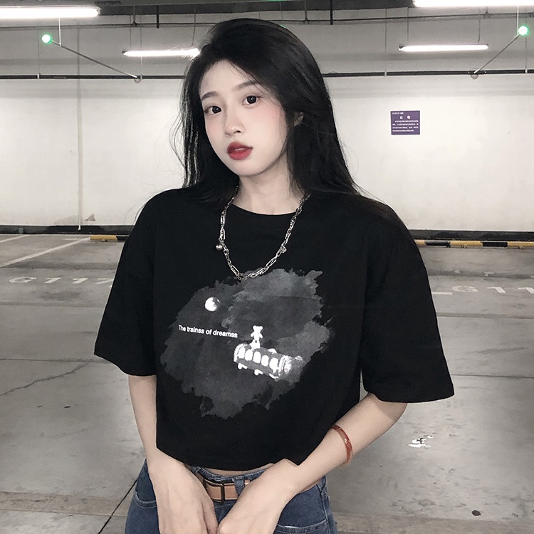 Áo Crop Top Tay Ngắn Dáng Rộng In Họa Tiết Phong Cách Retro Thời Trang Cho Nữ