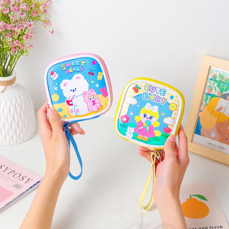Túi Đựng Dây Cáp / Điện Thoại / Tiền Xu Bằng Da Pu Họa Tiết Hoạt Hình Dễ Thương