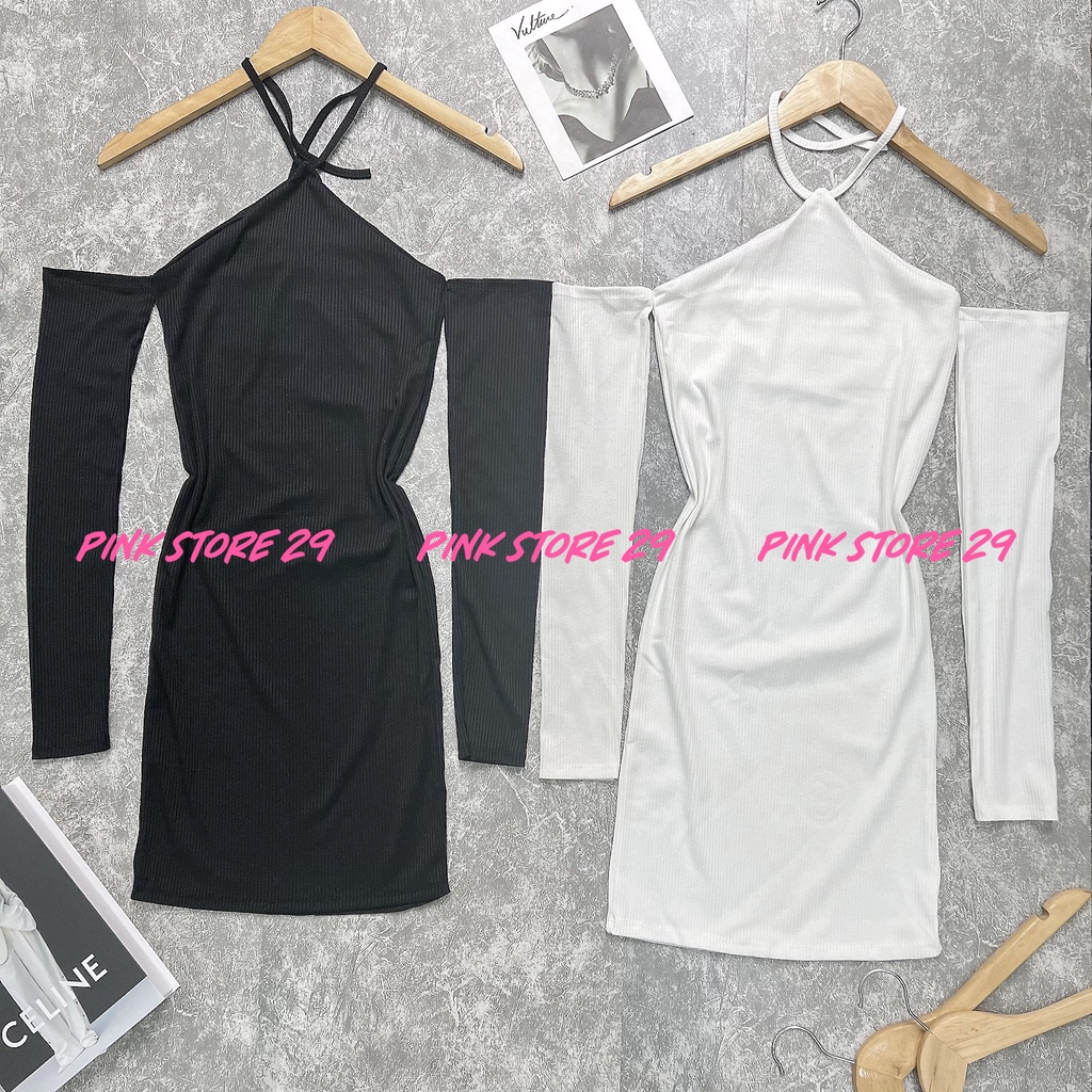 Đầm Body Trễ Vai Tay Dài PINKSTORE29 Phối Cổ Yếm, Tôn Dáng Gợi Cảm D053