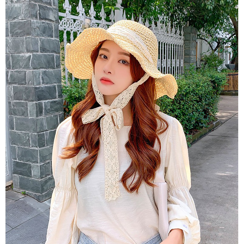 Mũ nón cói QO ACCESSORIES quai ren điệu đà mẹ và bé đi biển mùa hè MU40
