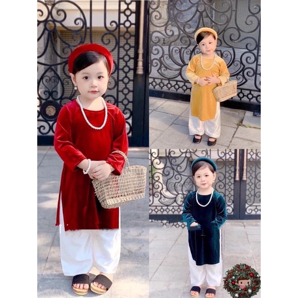 Áo Dài Tết ,Áo Dài Nhung,Áo Dài Truyền Thống Chất Nhung Kèm Quần Và Mấn Cho Bé