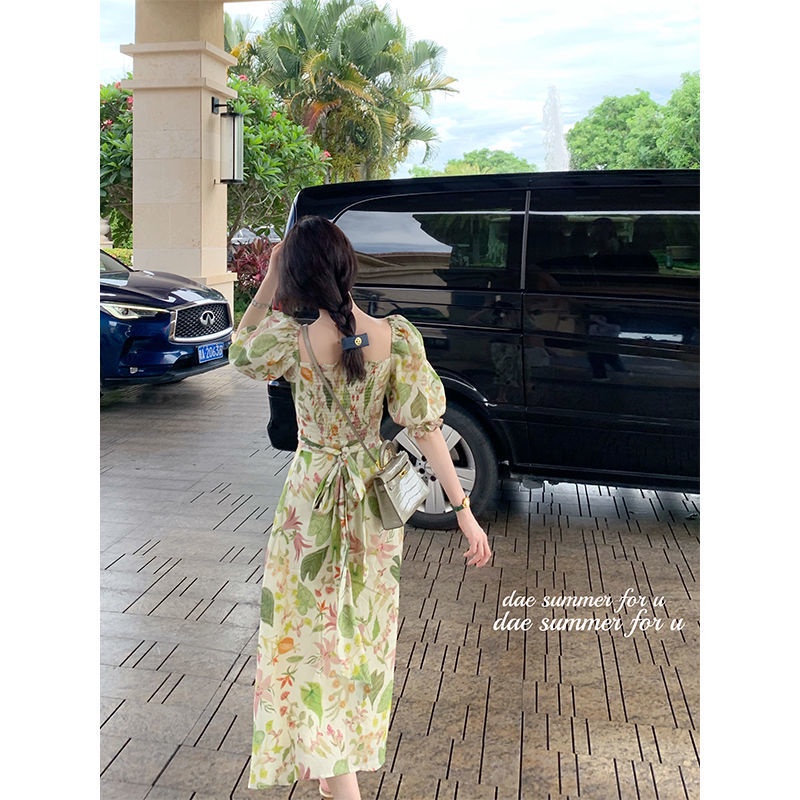 Đầm Chữ A Tay Phồng Ôm Eo In Họa Tiết Hoa Phong Cách Pháp Thời Trang Mùa Hè Cho Nữ