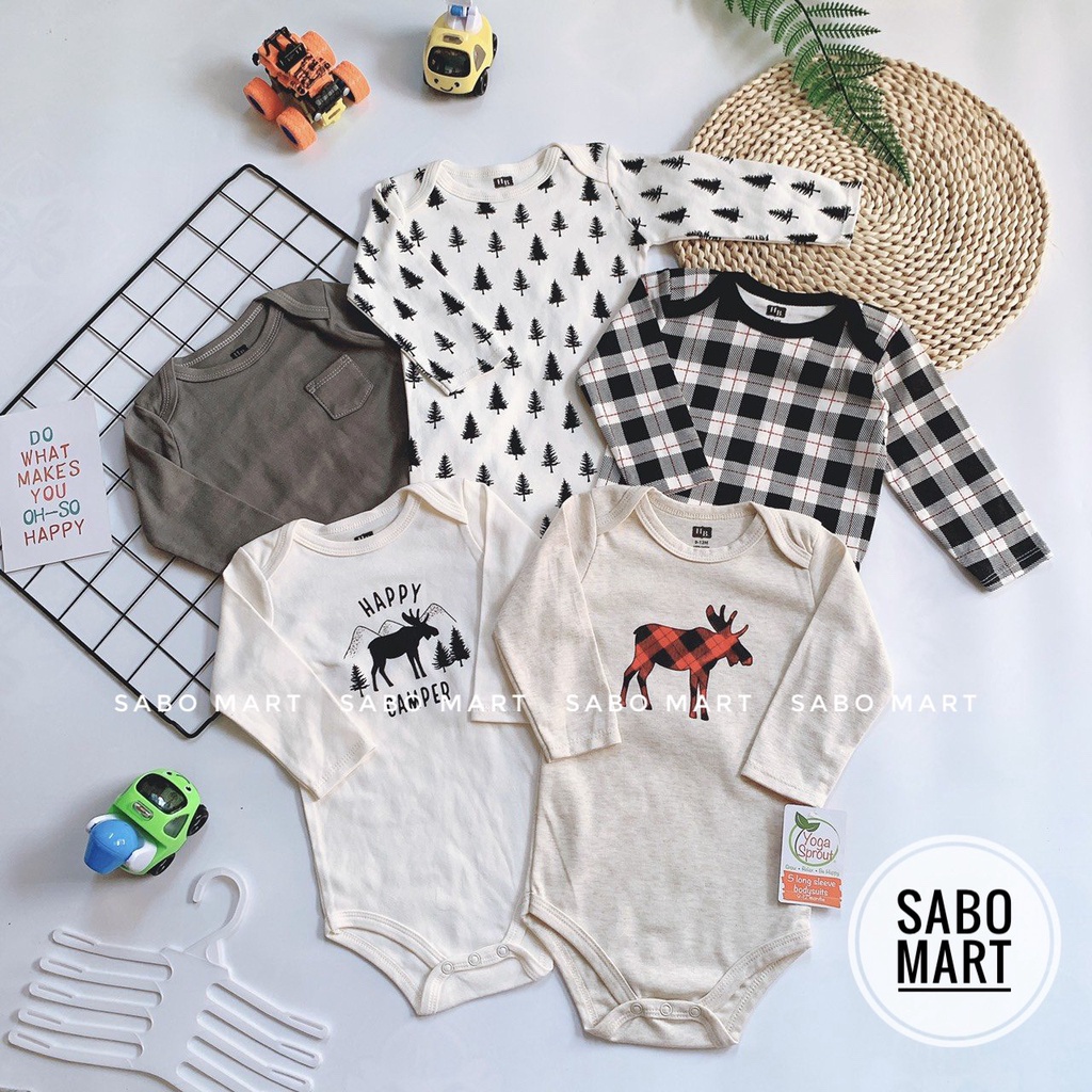 SET 5 Body Chip Bodysuit TAY DÀI Cho Bé Trai Bé Gái 0-24m Kèm Móc SABOMART