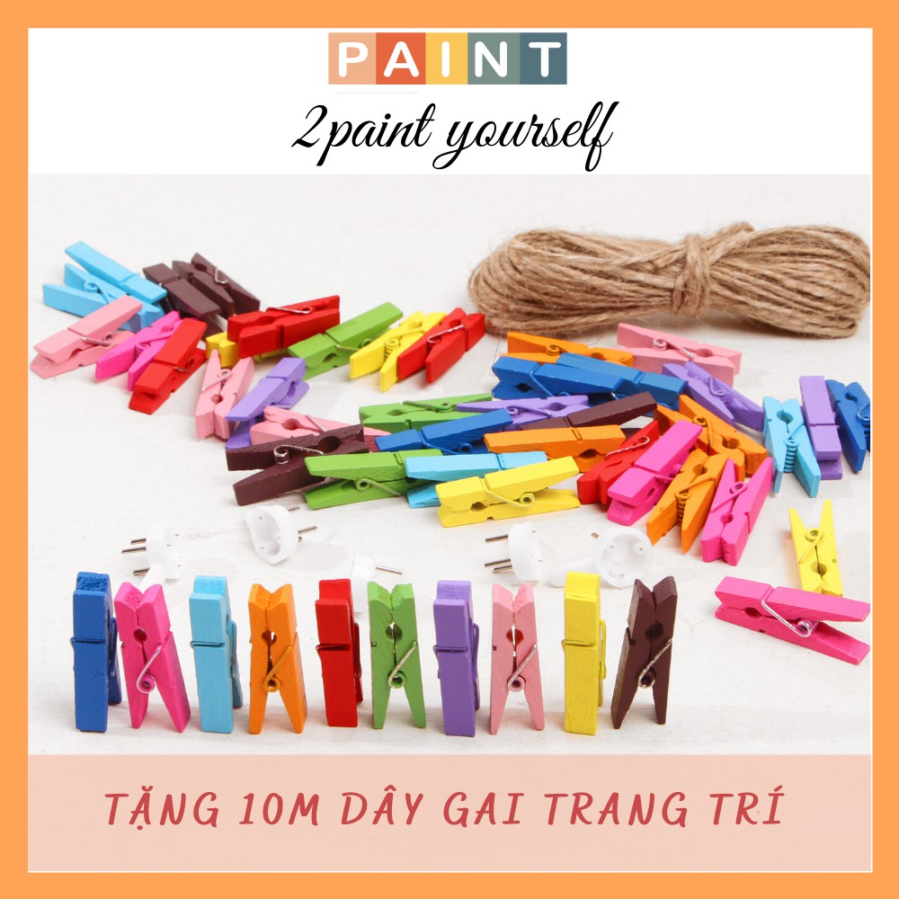 Túi 50 kẹp gỗ nhiều màu decor, Tặng 10m dây gai trang trí size 3.5mm