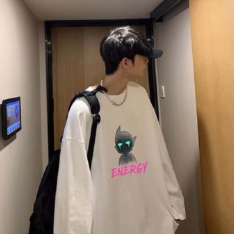 Áo Thun Tay Dài Cổ Tròn Dáng Rộng In Chữ Phong Cách Hip Hop Hàn Quốc Thời Trang Cho Nam Size M-5XL