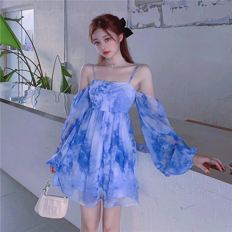 Đầm Tay Phồng Dài Phối Màu Nhuộm Thời Trang Mùa Hè Cho Nữ