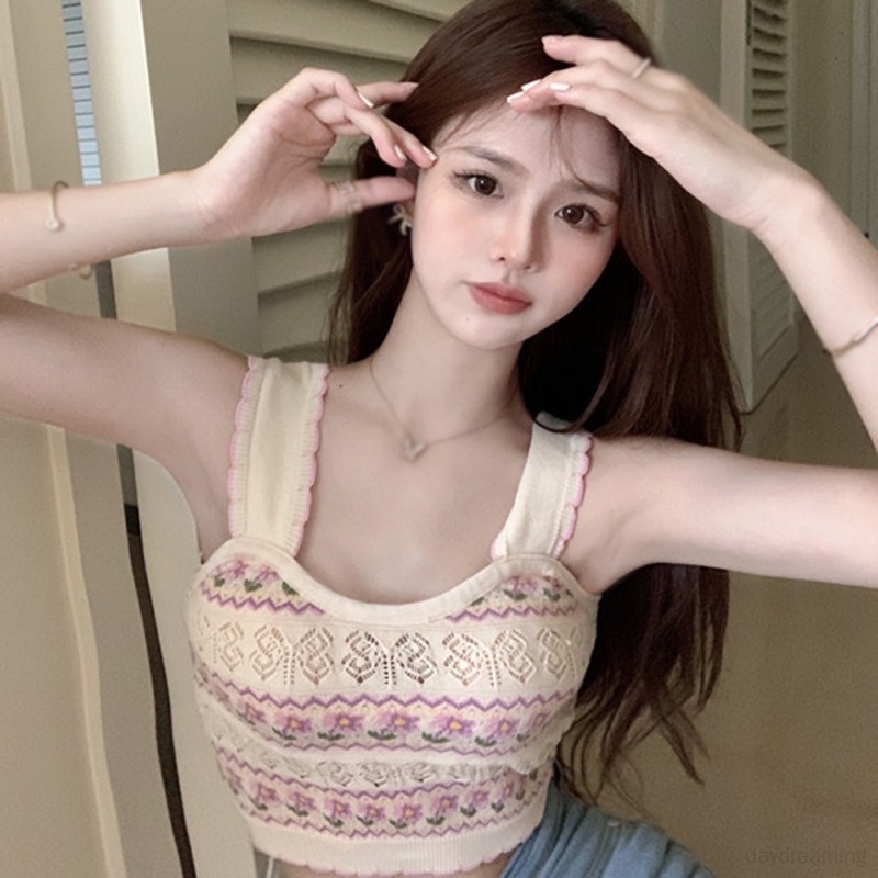 Áo Croptop Dệt Kim Không Tay Ôm Dáng Phong Cách Retro Dành Cho Nữ