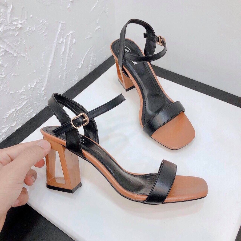Sandal nâu đen phối màu cá tính gót hở vuông - 7P