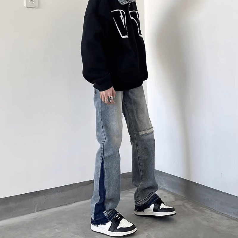 Quần Jean Dài Dáng Rộng Chống Mòn Phong Cách Hip Hop Đường Phố Hàn Quốc Cỡ S-3XL Cho Nam