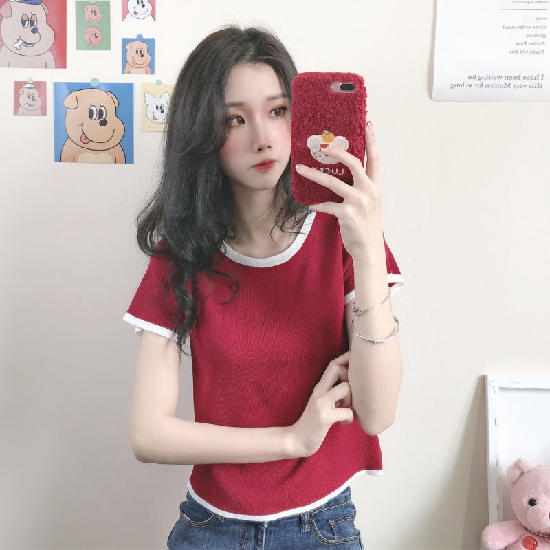 AMOI Áo polo Dệt Kim Tay Ngắn Cổ Tròn Thời Trang Hàn Quốc Cho Nữ