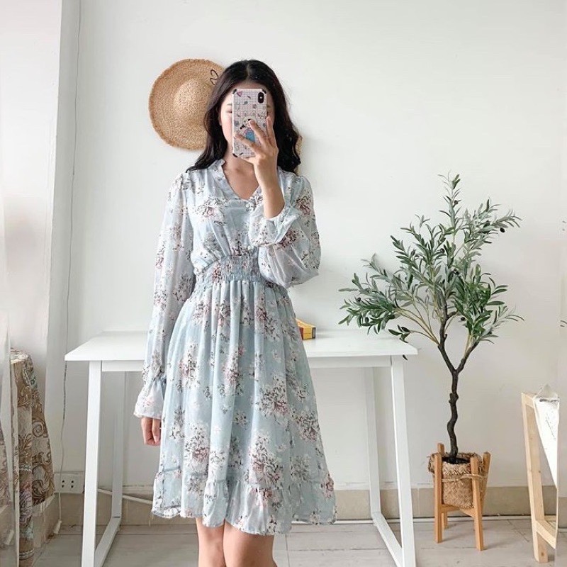 Váy Hoa Nhí Voan, Váy Vintage Hàn quốc cổ tim cúc bọc xinh Ulzzang (hình thậy/ sẵn) | BigBuy360 - bigbuy360.vn