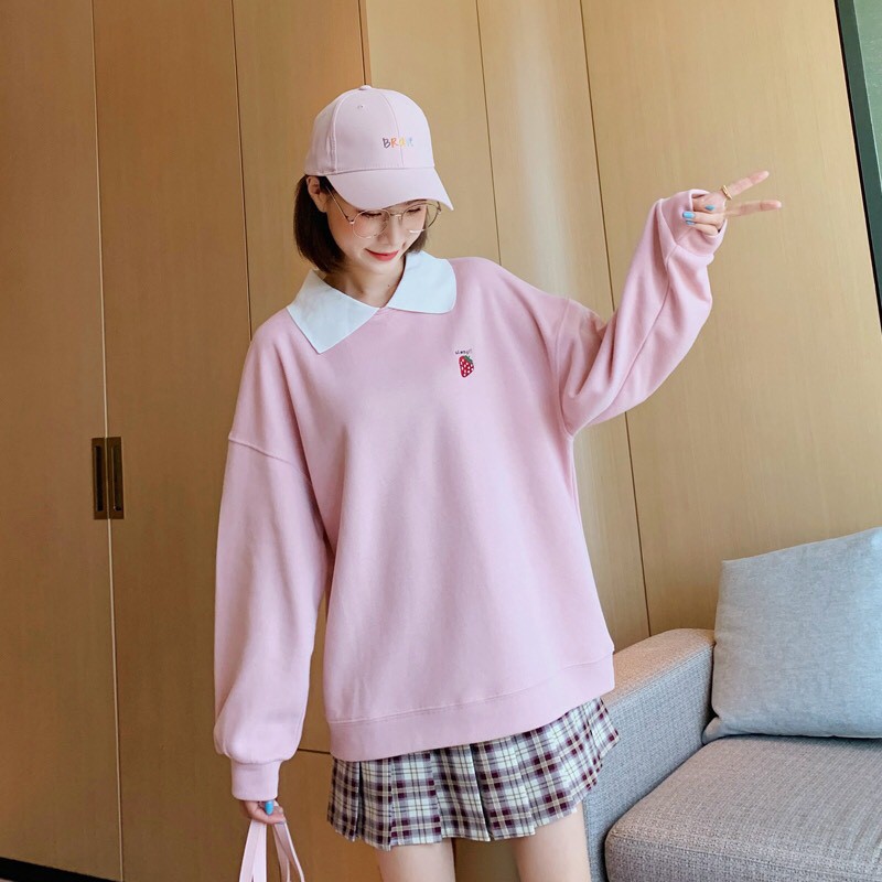 ÁO POLO ALWAYS HOA QUẢ - ÁO SWEATER CỔ BẺ NỈ QUẢ DÂU NHO CHERRY ULZZANG