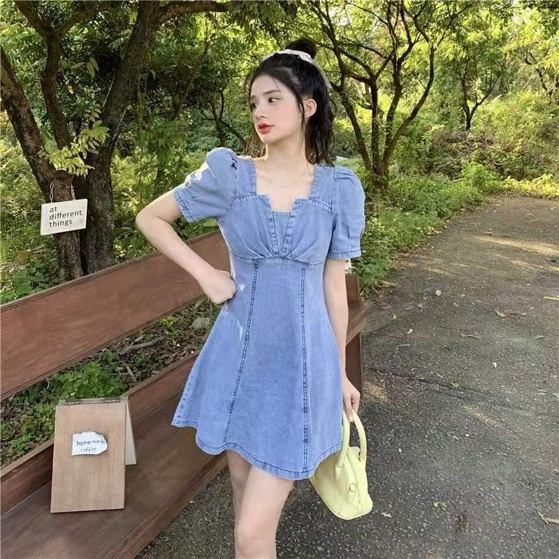 Váy denim tay phồng thiết kế thời trang phong cách Pháp cho nữ