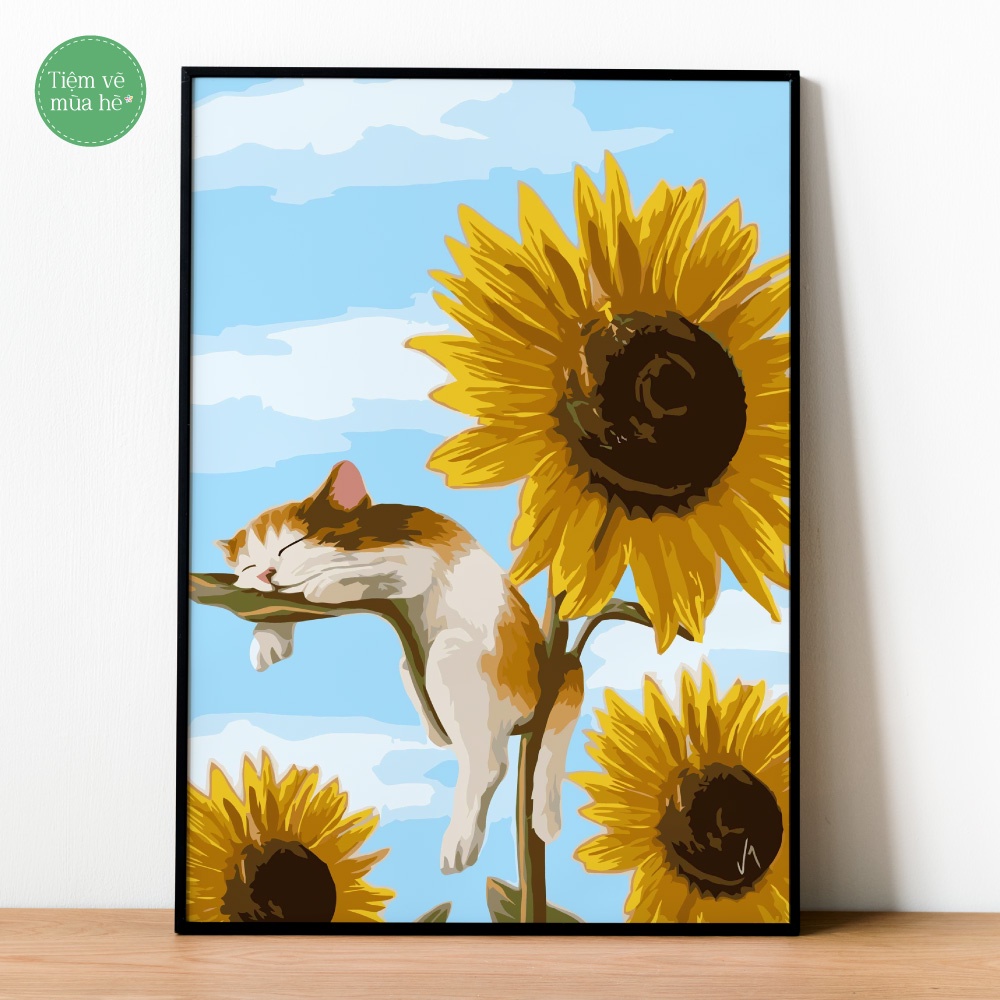 ✅Tranh tô màu theo số - Chú mèo hoa hướng dương đã căng khung 40x50cm 20 màu