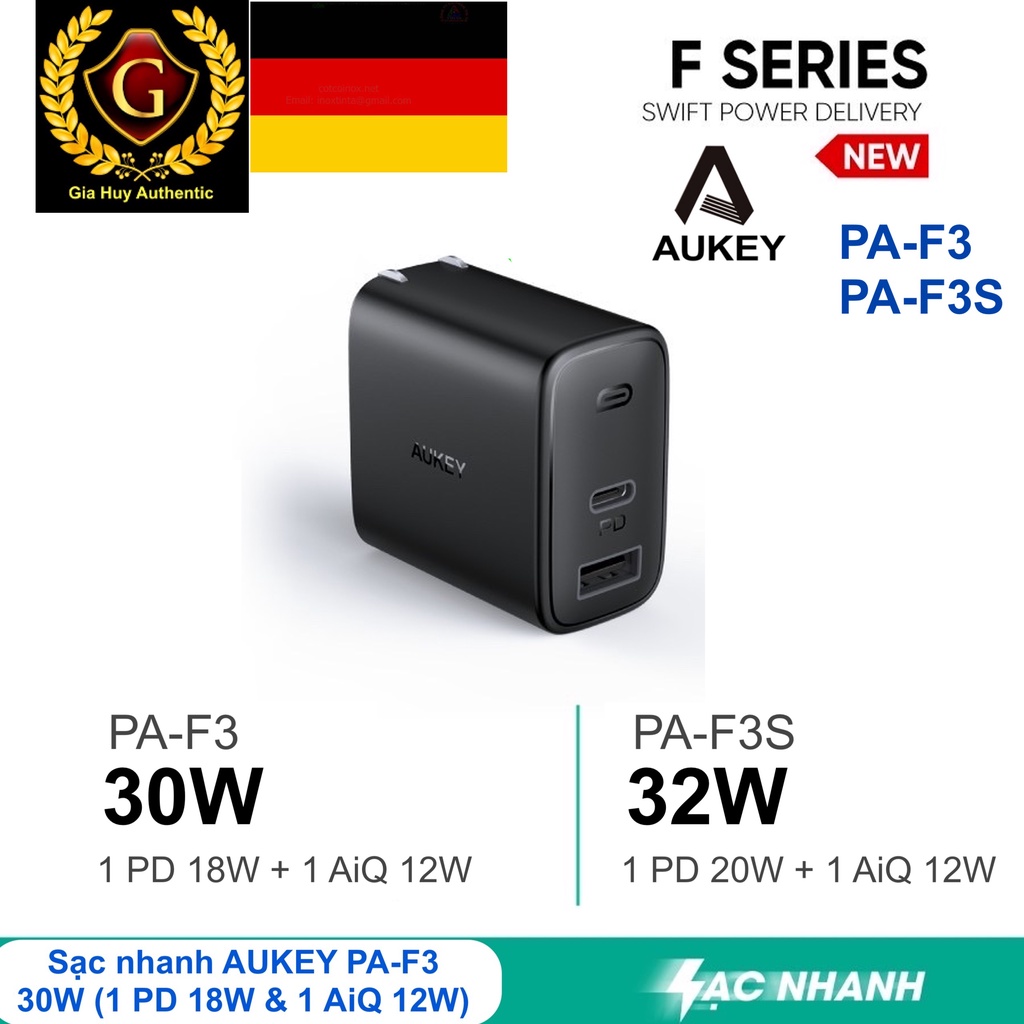 Củ sạc tường Aukey PAF3 30W 02 cổng sạc (1C PD 3.0 18W + 1A AiQ 12W)