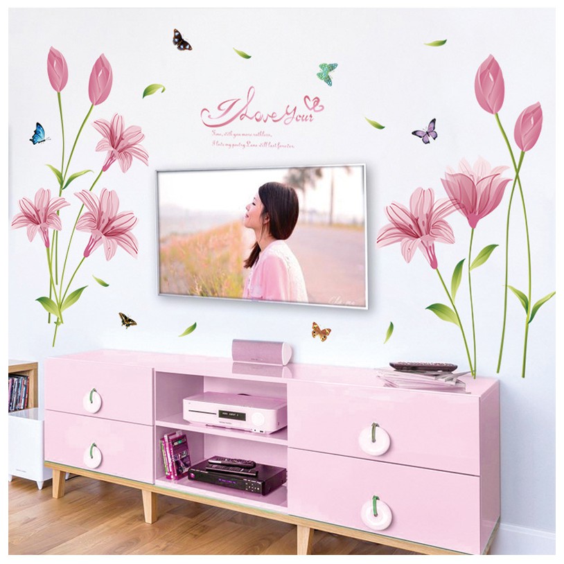 Decal dán tường Hoa anh thảo hồng AmyShop DH097 ( 85 x 160 cm)