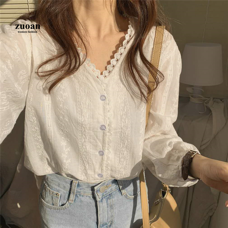 Áo kiểu SUXI dài tay cổ chữ V viền ren thời trang Hàn Quốc đơn giản