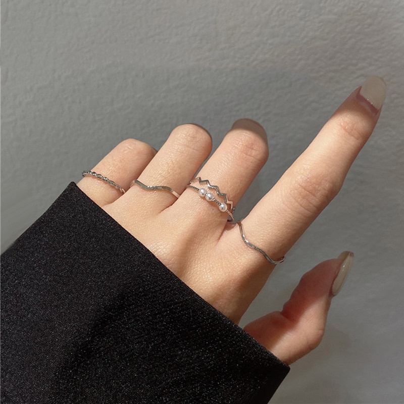 Set 5 Nhẫn We Flower Đính Ngọc Trai Thời Trang Hàn Quốc Cho Nữ