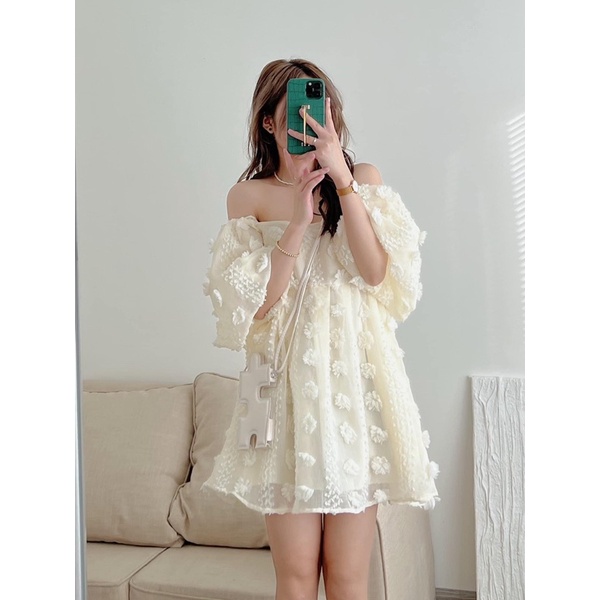 Áo trễ vai babydoll HOA NỔI mặc được 2 kiểu (hàng sẵn)
