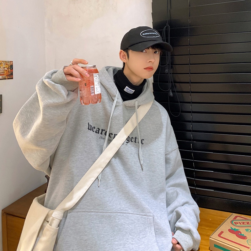 Áo hoodie tay dài dáng rộng in chữ phong cách Hàn Quốc thời trang thu đông cho nam