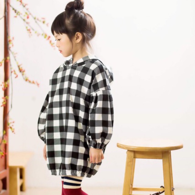 Lamm Hoodie dáng dài kẻ đen trắng cho bé gái - áo nỉ bé gái