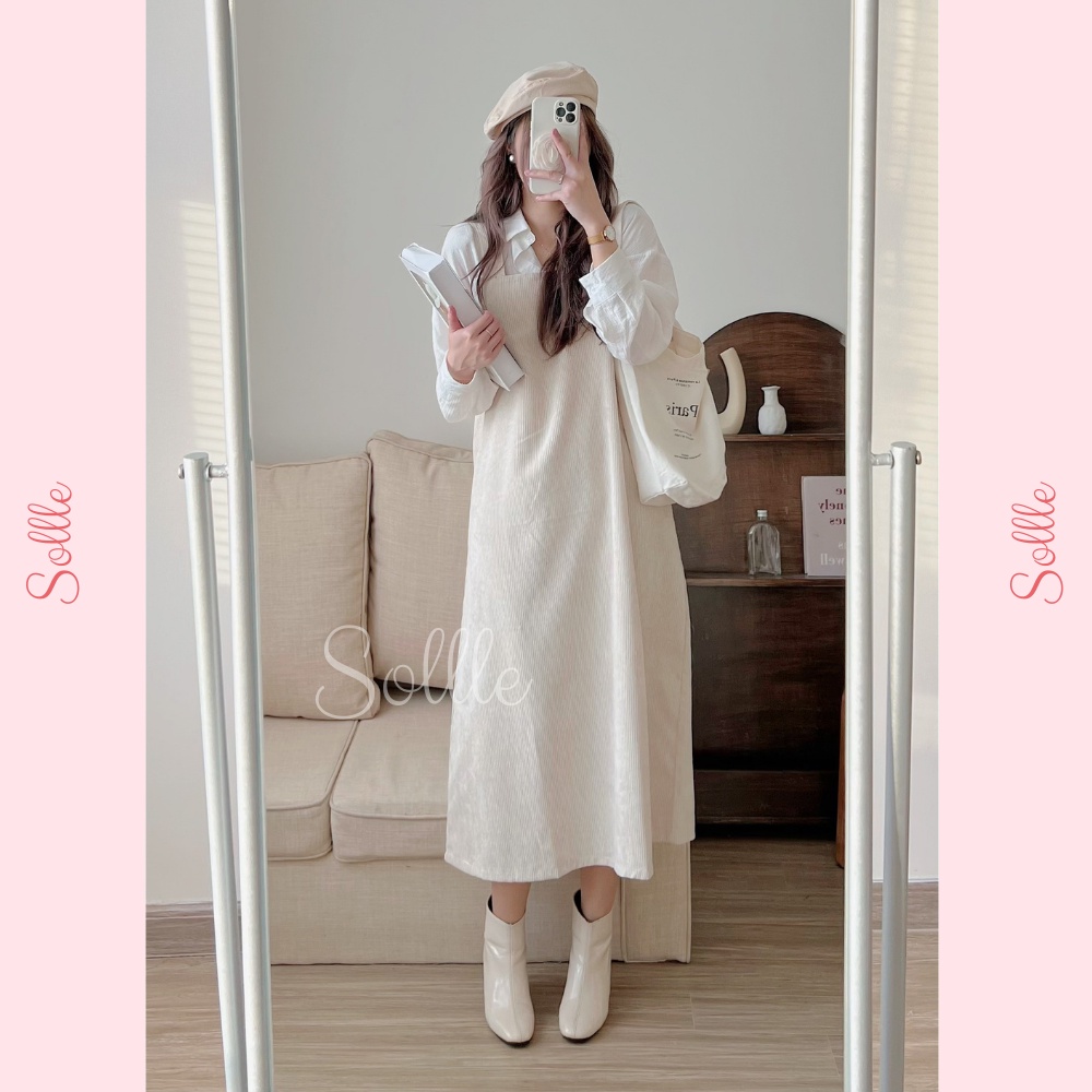 Váy yếm nữ nhung gân tăm dáng dài form rộng ulzzang trơn nhiều màu Hàn Quốc Sollle