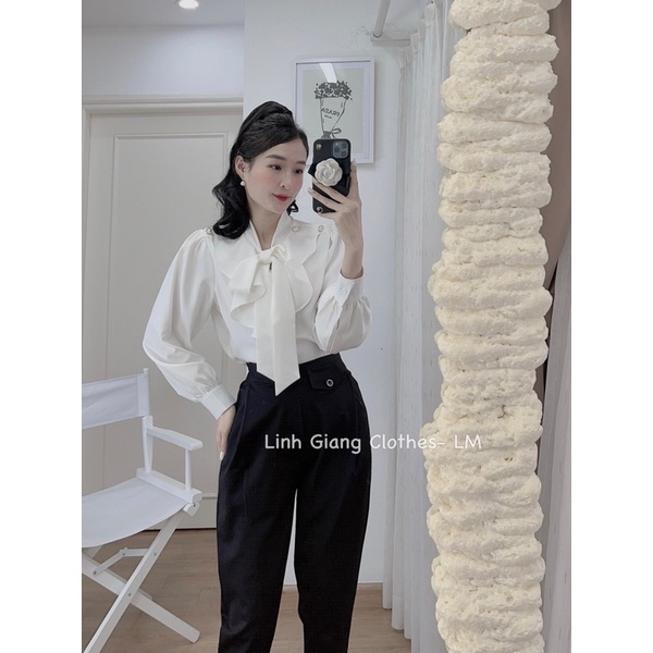 Áo sơ mi lụa cổ bèo khuy vai, Áo kiêu dài tay cổ buộc nơ SM1720 - NhiNhi Shop