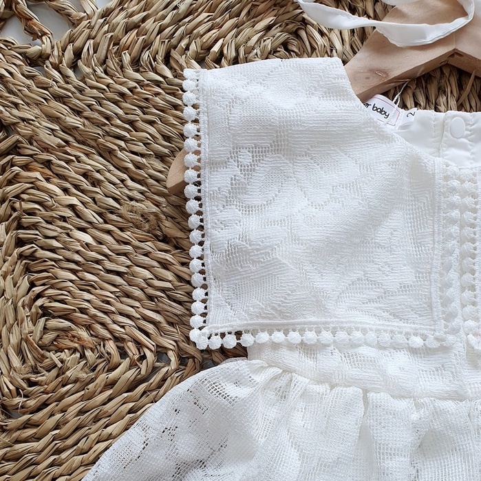 Body váy công chúa cho bé gái sơ sinh RIOKIDS, quần áo đầy tháng, thôi nôi ren hoa trắng BD73