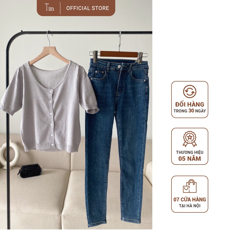 Áo len trơn cộc tay cổ tròn gân gấu khuy cài TIIN STORE G21022