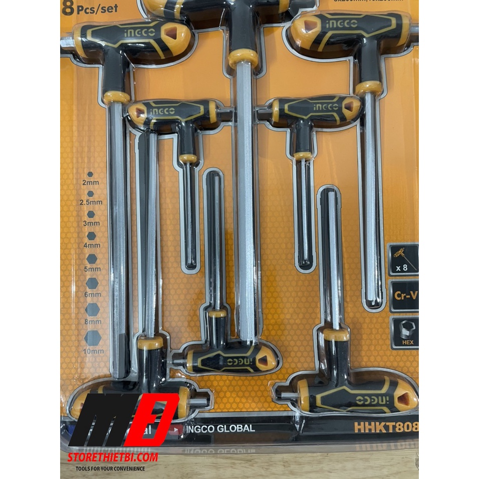 Bộ 8 chìa lục giác tay cầm chữ T đầu bằng2-10mm INGCO HHKT8081