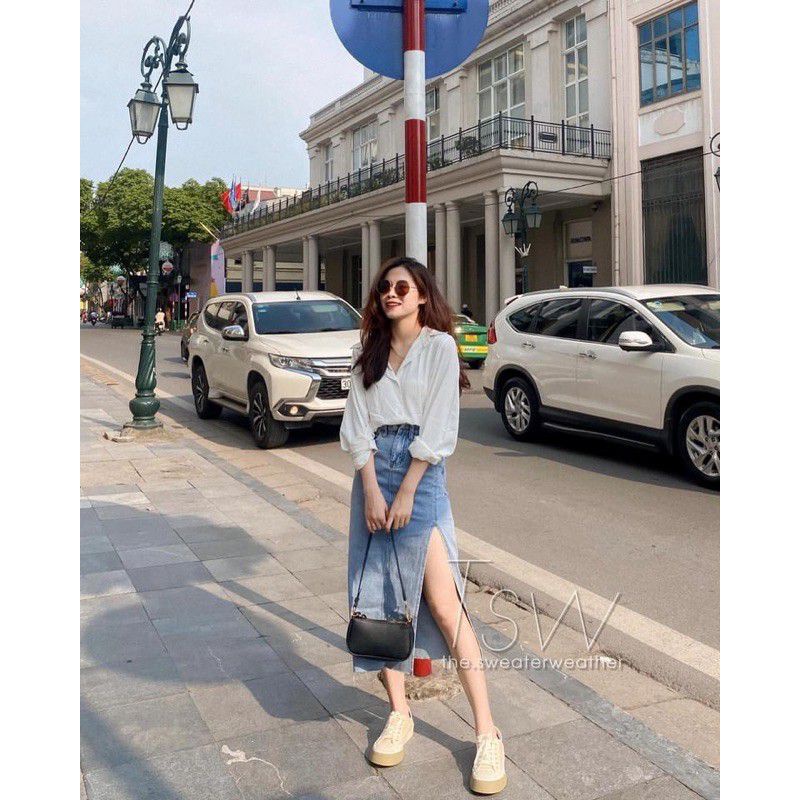 Chân váy bò Xẻ Tà May mác hot trend