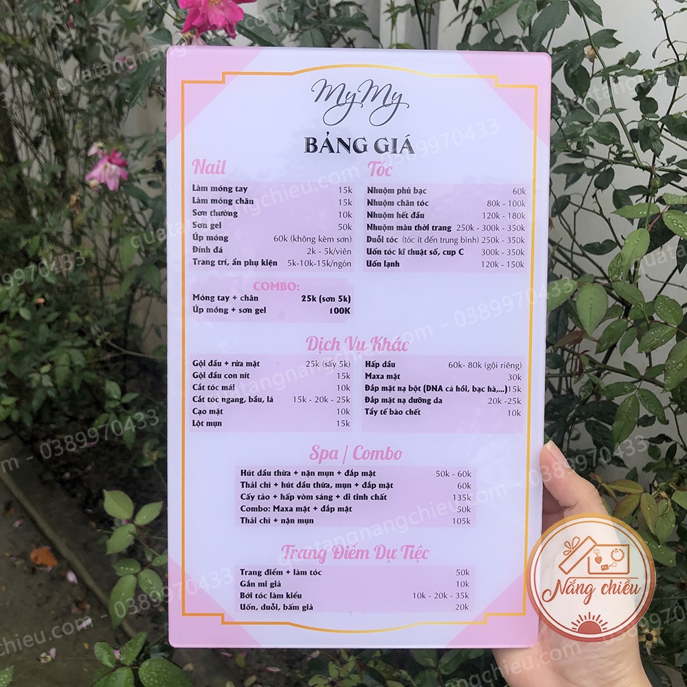 Menu bảng giá tóc, nail, mi, bảng giá dịch vụ thẩm mỹ , spa, quán tóc in bằng mica sáng bóng