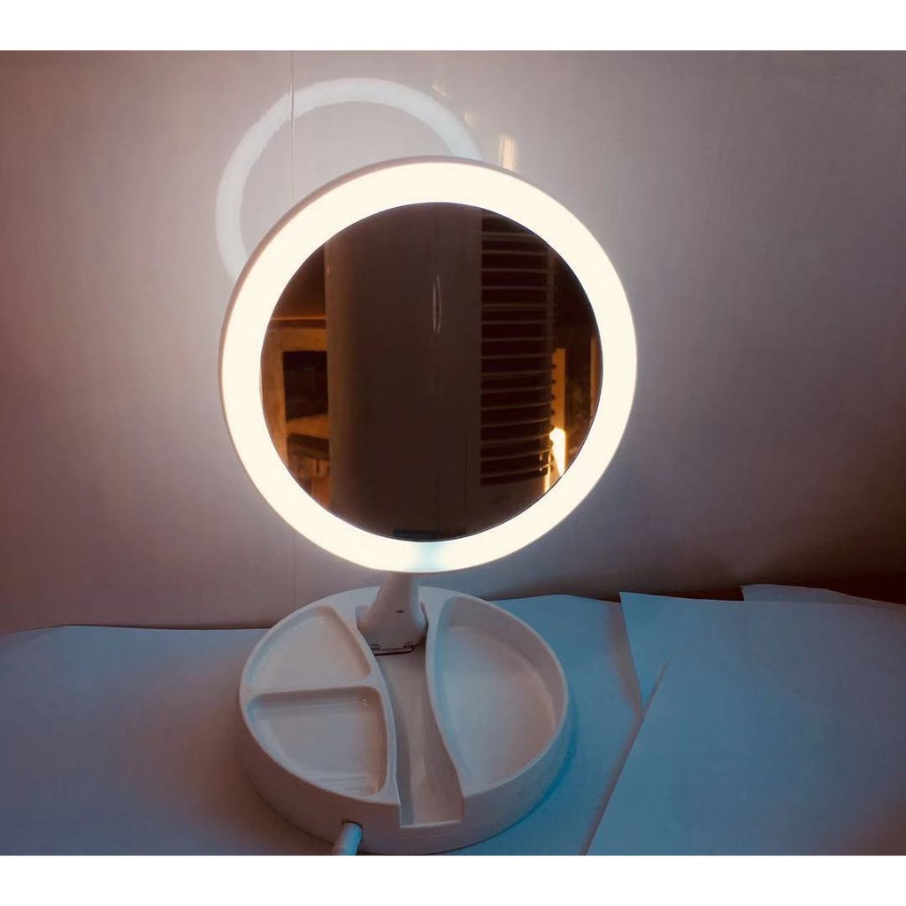 Gương trang điểm đèn led để bàn gấp gọn hình tròn GDBEO09