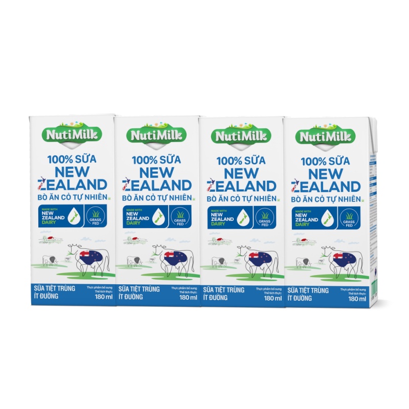 Combo 4 Hộp NutiMilk 100% Sữa New Zealand Bò ăn cỏ tự nhiên Ít đường 180ml CB4.NZSID180AK- NUTIFOOD -YOOSOO MALL