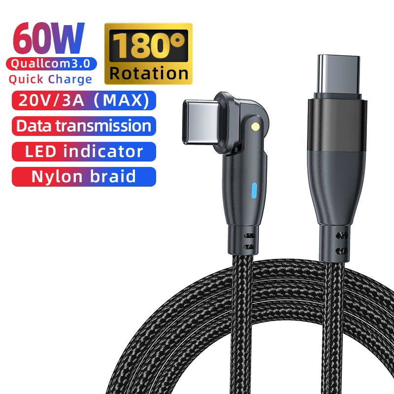 Cáp Sạc AUFU 60W USB Type C Xoay 180 Độ Dài 2M Cho Samsung Xiaomi
