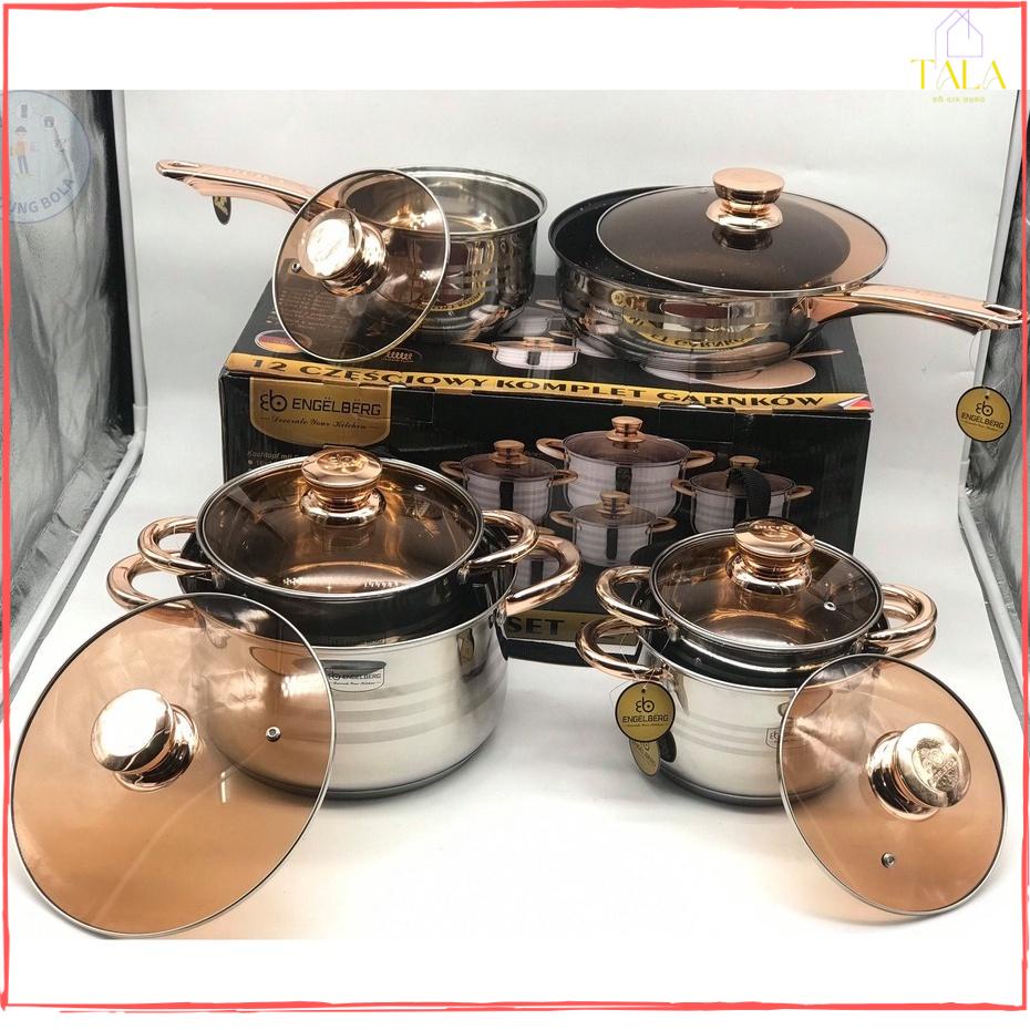 BỘ NỒI ĐỨC 6 MÓN 12 CHI TIẾT ENGELBERG- 5 ĐÁY - ĐUN ĐƯỢC TỪ, HỒNG NGOẠI, GAS..