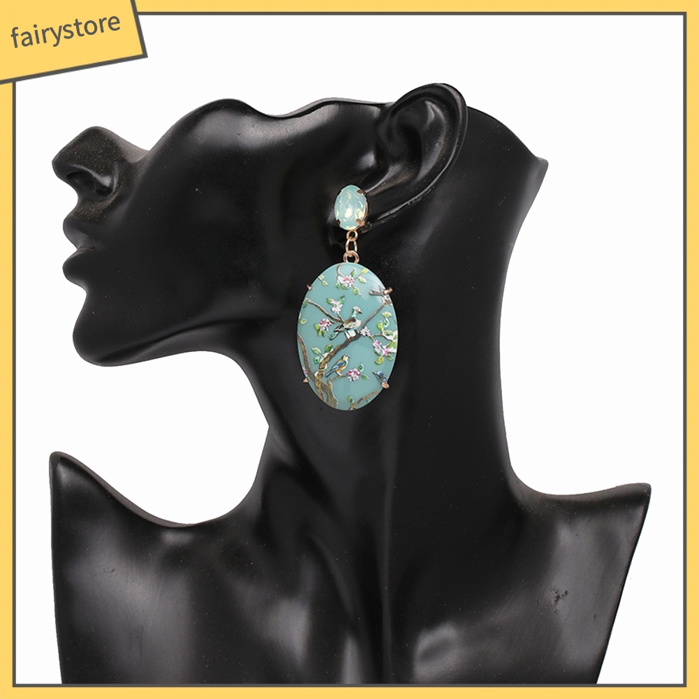 Cặp Hoa Tai Hợp Kim Đính Đá Hình Oval Xinh Xắn