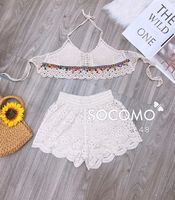 Set biển xinh - áo bra vây cá quả bông + quần cạp ren hoa