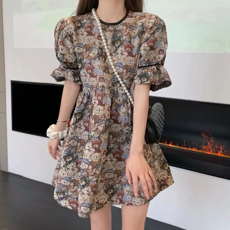 Đầm Tay Phồng In Họa Tiết Gấu Phong Cách Pháp Cổ Điển Thời Trang Mùa Hè Mới Cho Nữ