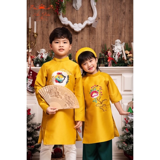 Áo dài cách tân bé trai bé gái tafta lụa thêu màu vàng áo dài cặp cho bé trai bé gái mặc đi chơi đi chụp ảnh lễ tết
