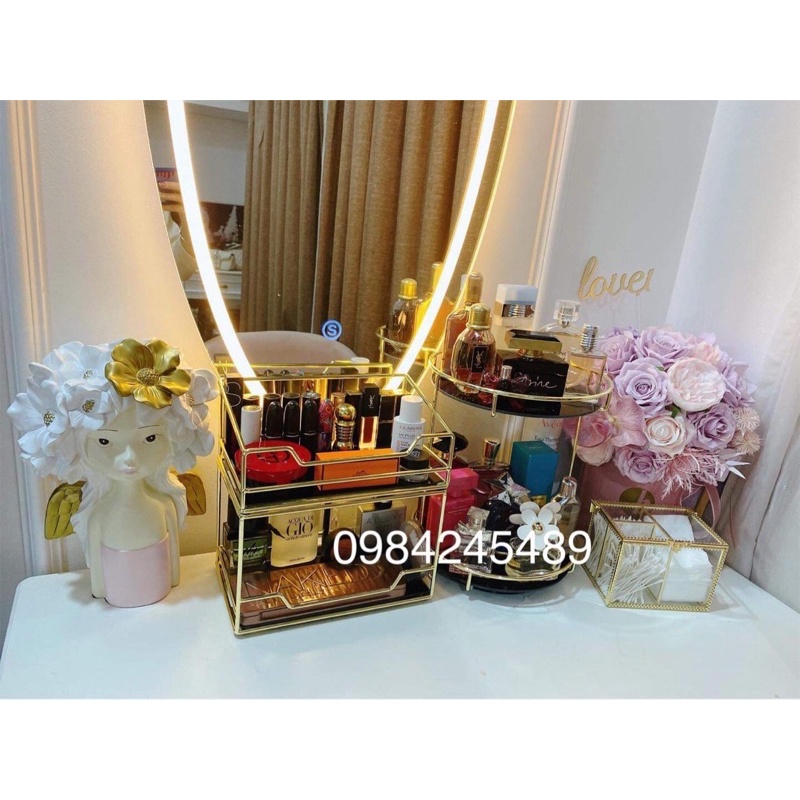Khay mỹ phẩm golden 2 tầng