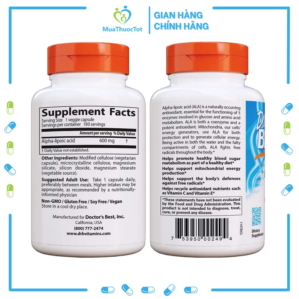 Doctor’s Best Alpha- Lipoic Acid 600mg – Viên Uống Chống Lão Hóa Cho Cơ Thể 180 viên